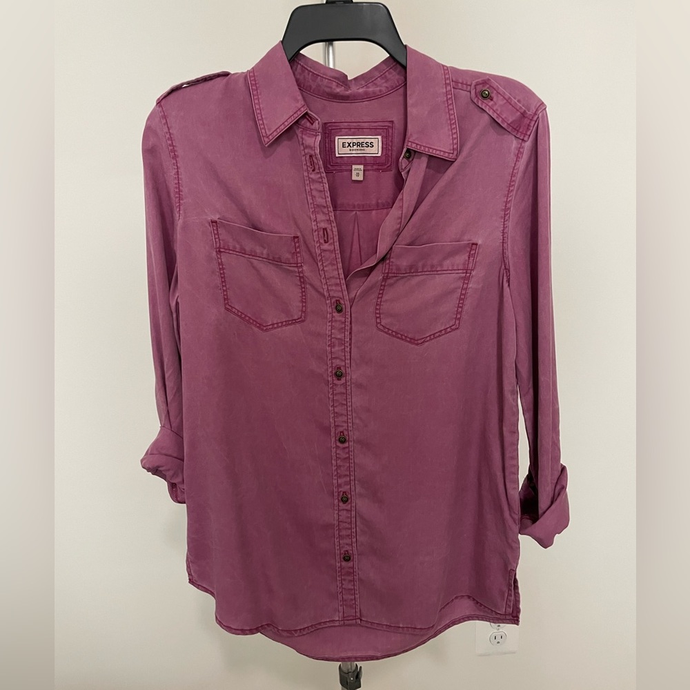 Pink/purple thin denim button down shirt from express